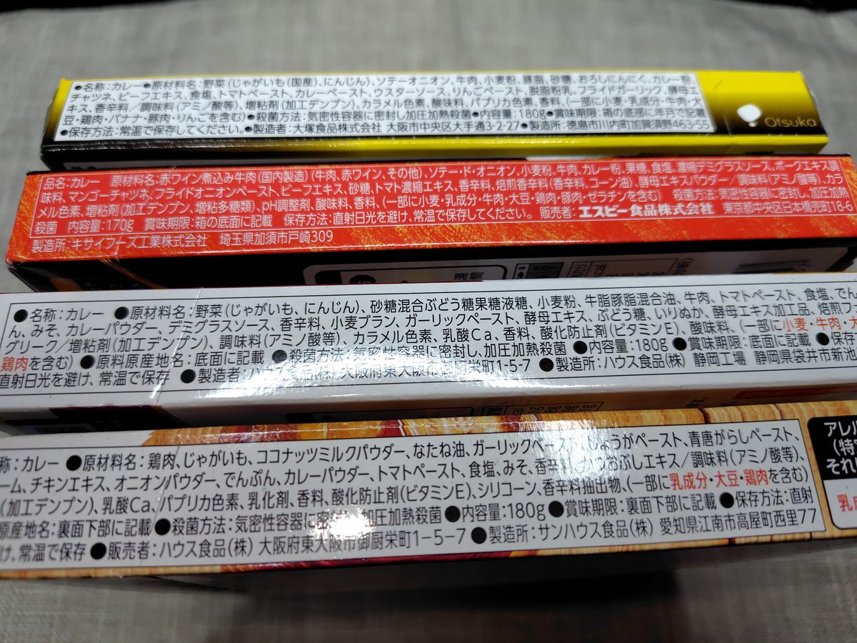 レトルトカレーの原材料表示の比較